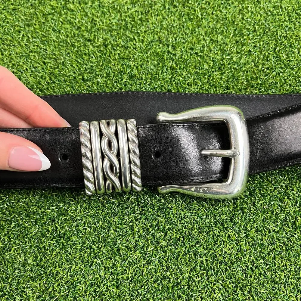 Vintage Brighton Black Leather Signature Etched Silver Tone Buckle Belt